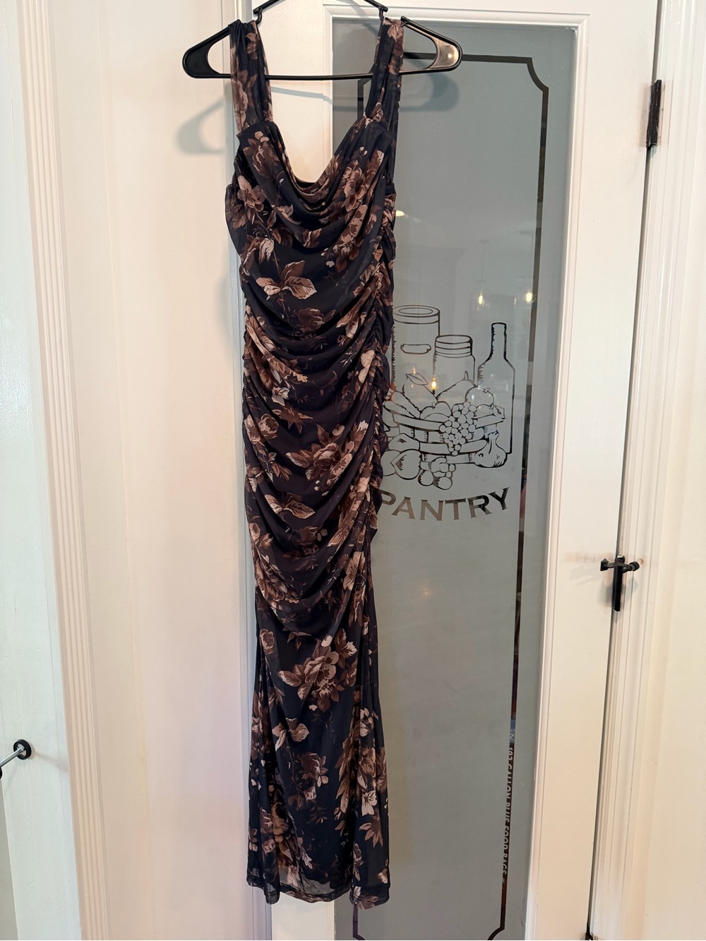 Floral Cowl Neck Ruched Maxi Dress - Black & Brown